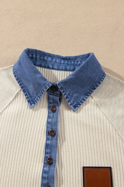 Denim Patchwork Collared Ribbed Knit Long Sleeve Top