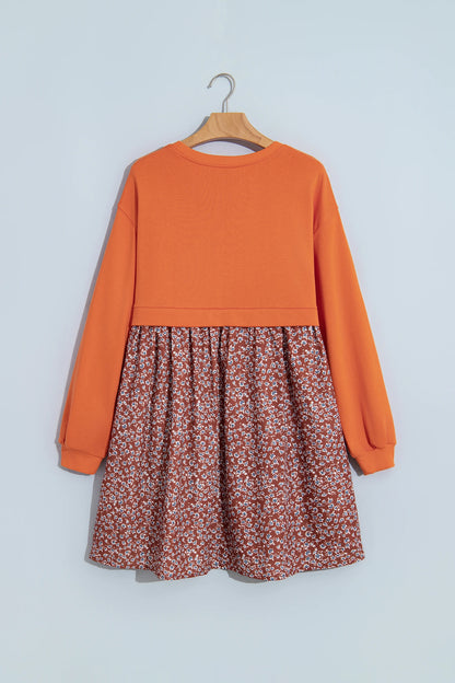 Floral Patchwork Long Sleeve Flared Mini Dress