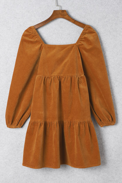 Corduroy Puff Sleeve Tiered Dress