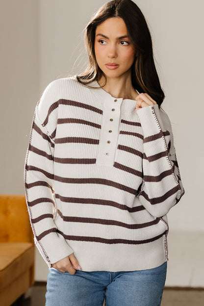 Stripe Ribbed Slouchy Drop Shoulder Henley Sweater
