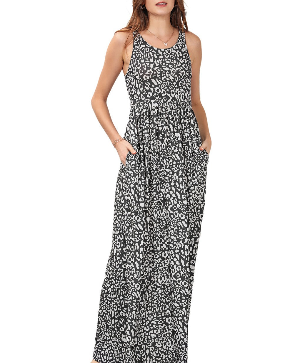 Leopard Pocketed Sleeveless Maxi Dress