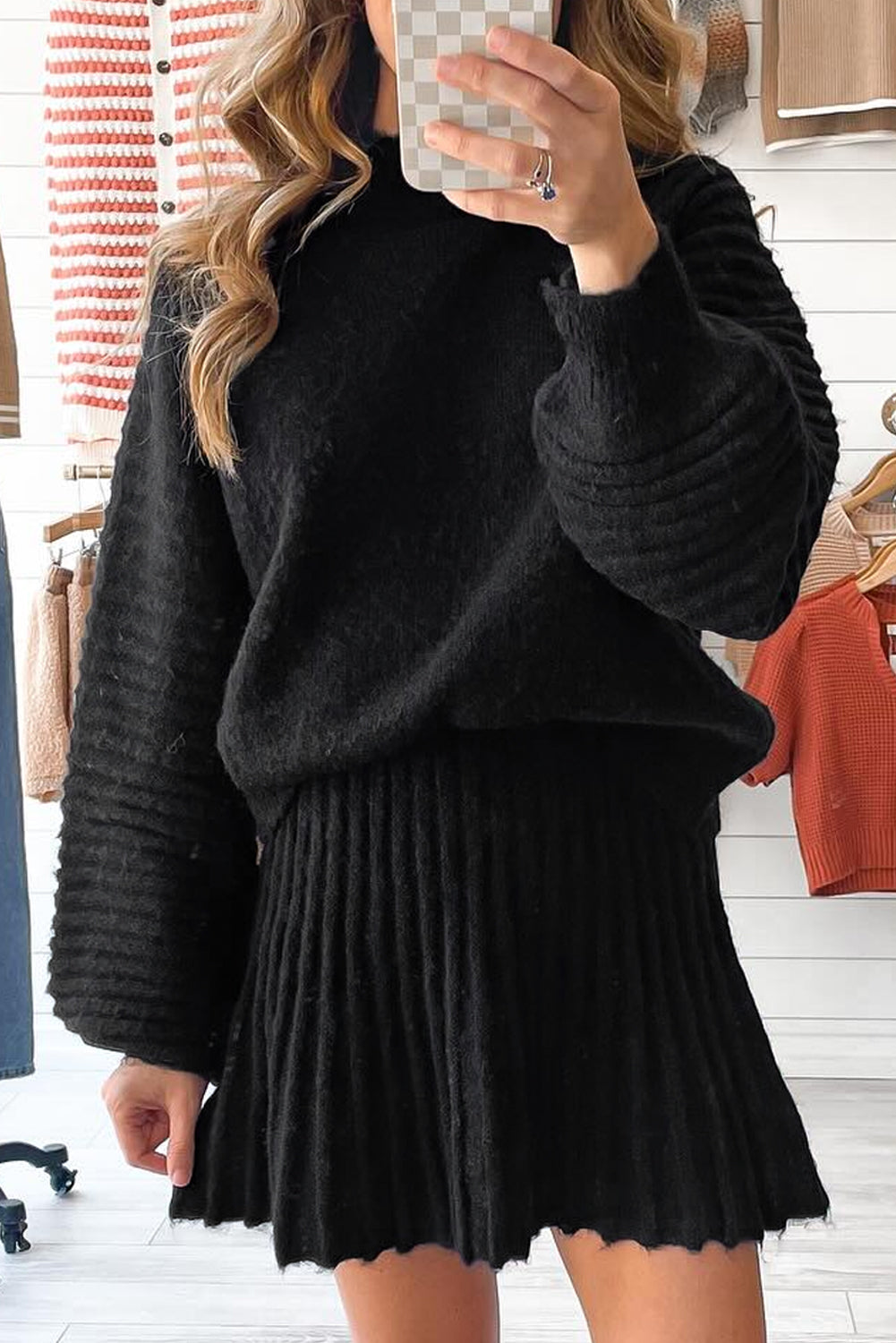 Smoke Gray High Neck Puff Sleeve Sweater Pleated Mini Skirt 2pcs Knitted Outfit