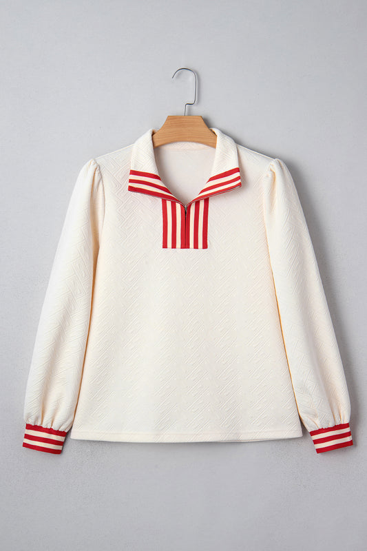 Contrast Stripe Zipped Collar Knit Pullover Top