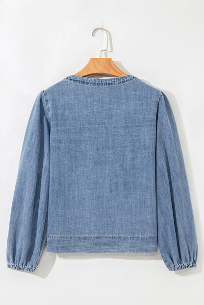 Solid Denim Tie-Front Puff Sleeve Top