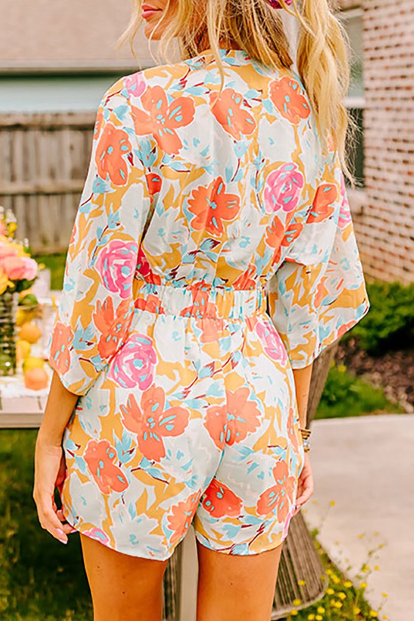 Floral 3/4 Sleeve Front Tie Romper