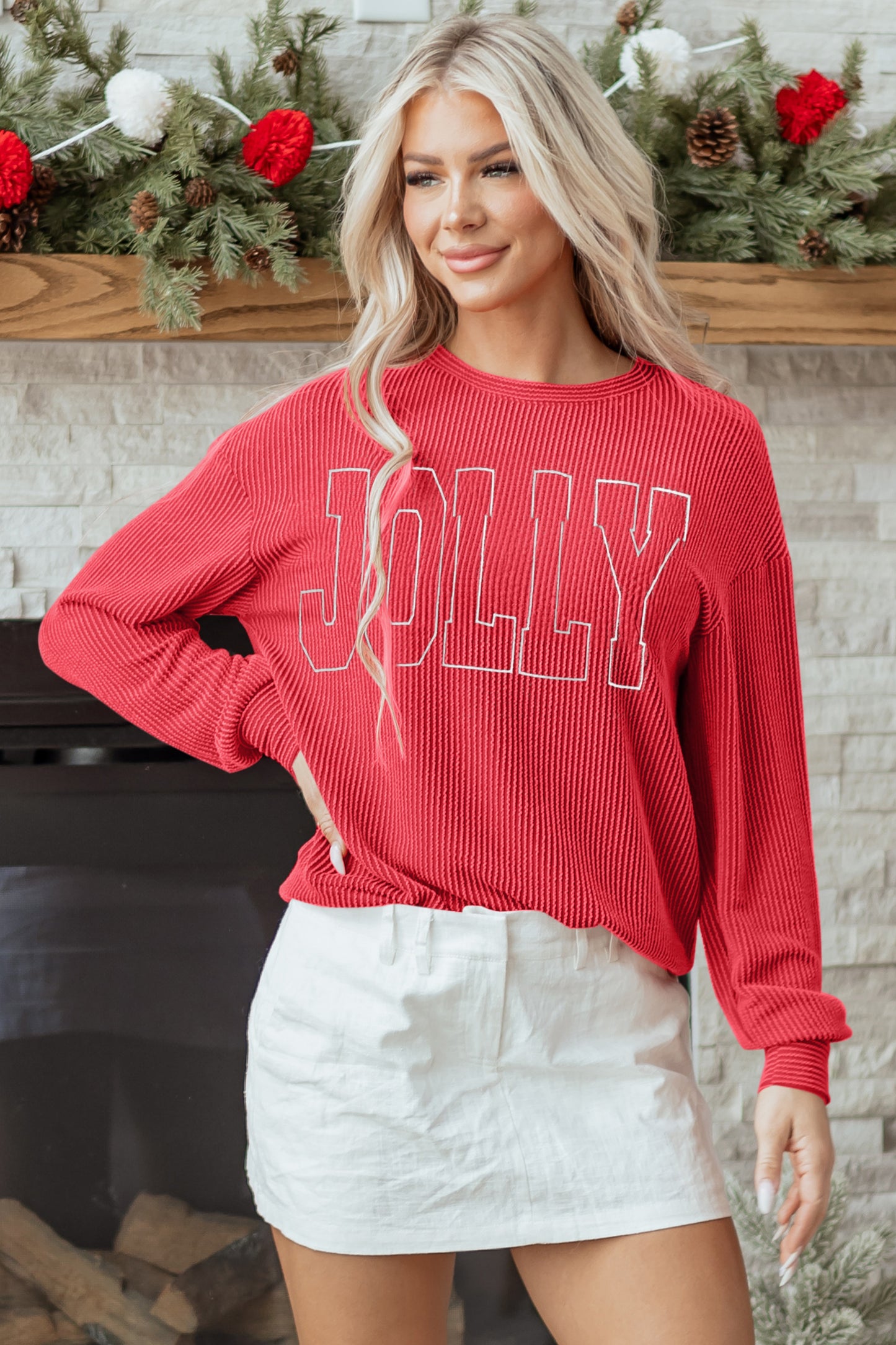 Christmas Merry Corded Knit Long Sleeve Top