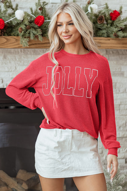 Christmas Merry Corded Knit Long Sleeve Top
