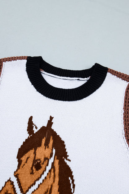 Western Horse Colorblock Trim Sleeveless Sweater Top