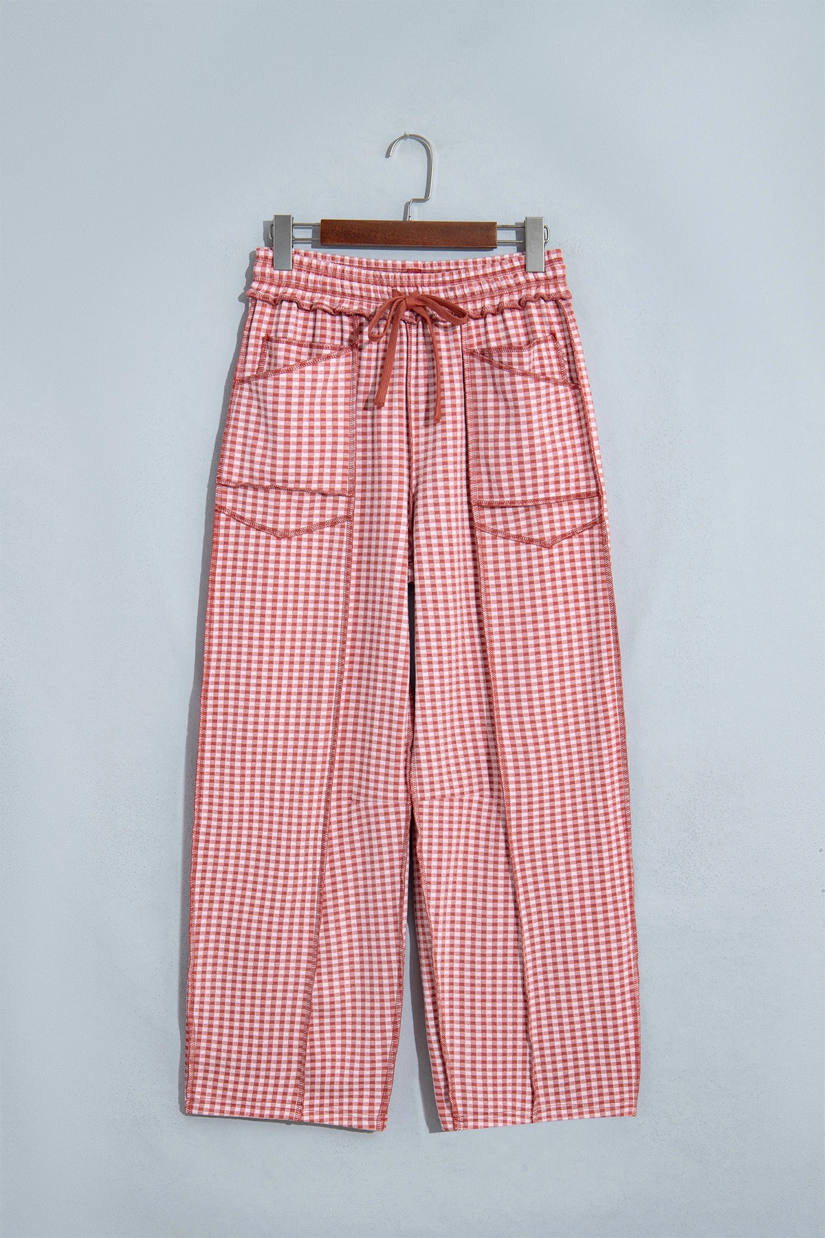Gingham Exposed Seam Drawstring Elastic Waist Pants