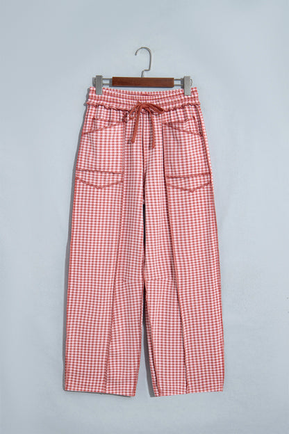 Gingham Exposed Seam Drawstring Elastic Waist Pants