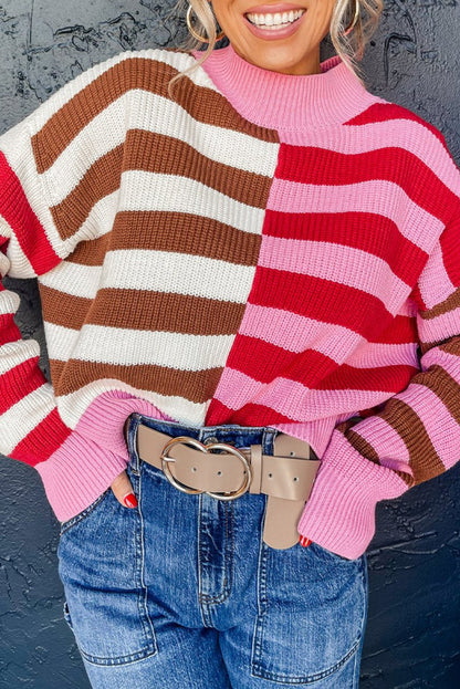 Stripe Colorblock High Neck Sweater