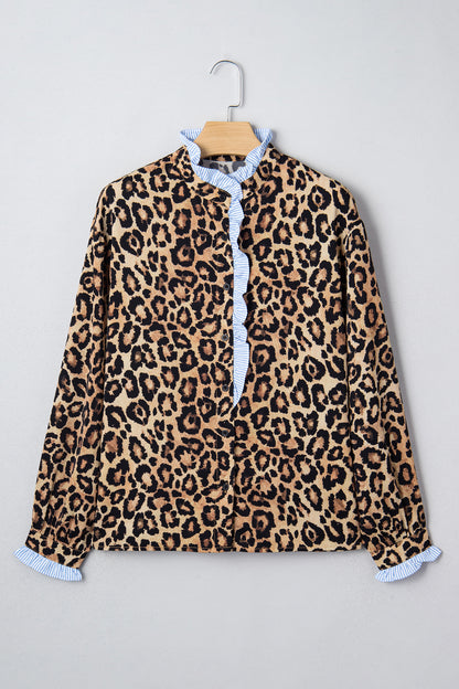 Leopard Frilled Stripe Trim Long Sleeve Shirt