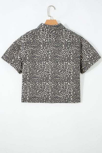 Leopard Denim Short Sleeve Button Up Cropped Shirt