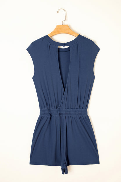 Solid Open Back Cap Sleeve Knit Romper