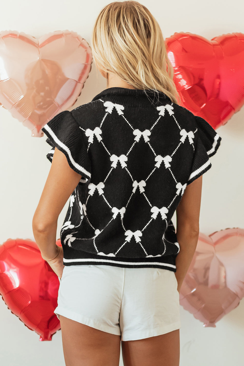 Valentine Bow Quarter-Zip Short Sleeve Sweater