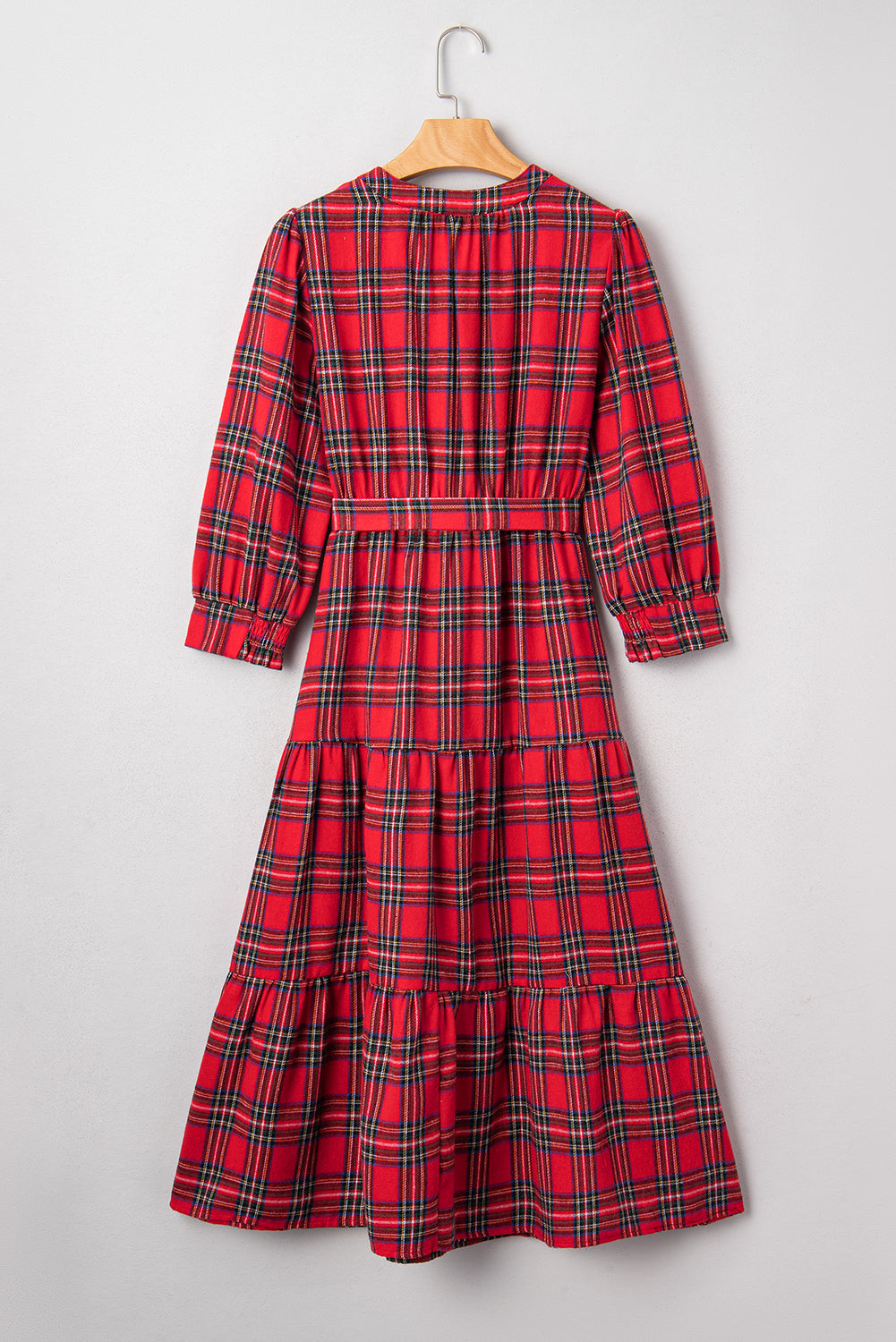 Plaid V-Neck Tie Waist Ruffle Hem Dress