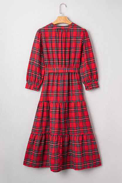 Plaid V-Neck Tie Waist Ruffle Hem Dress