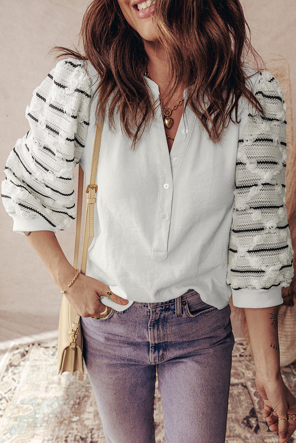 Stripe Patchwork Buttoned V-Neck Ribbed Knit Top