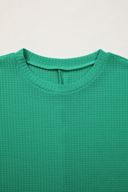Solid Waffle Knit Dolman Short Sleeve Loose Top