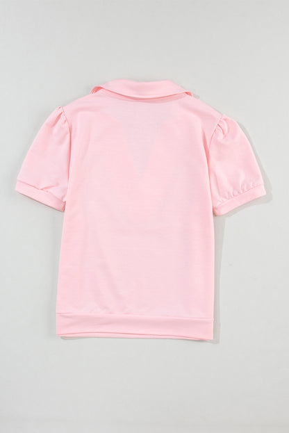 Collared V-Neck Puff Sleeve T-Shirt