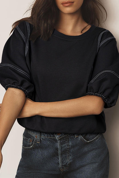 Contrast Stitching Puff Sleeve Blouse