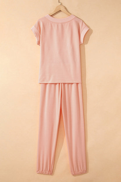 Solid V-Neck Tee & Drawstring Pants Set