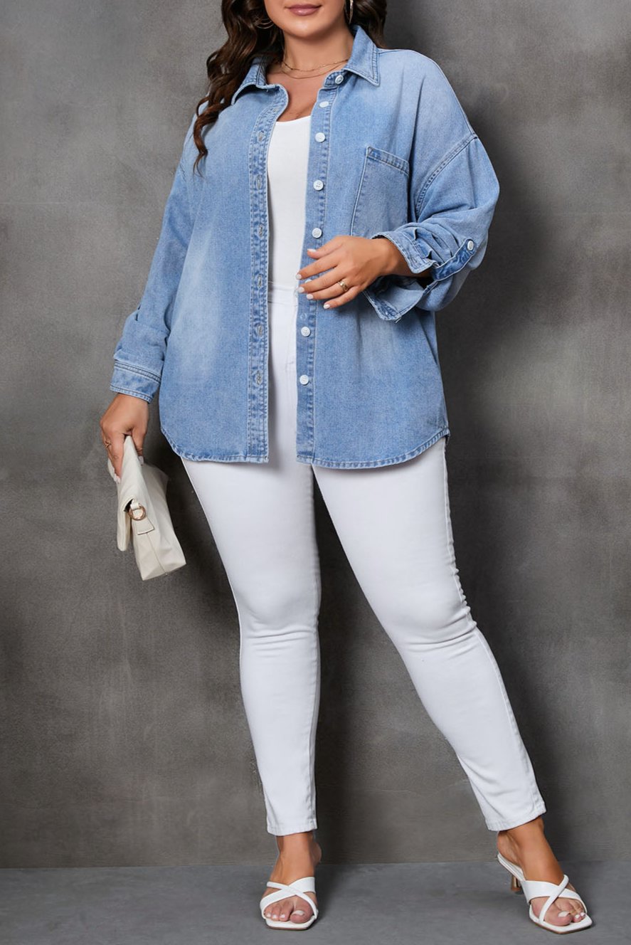 Plus Size Denim Button-Up Shacket