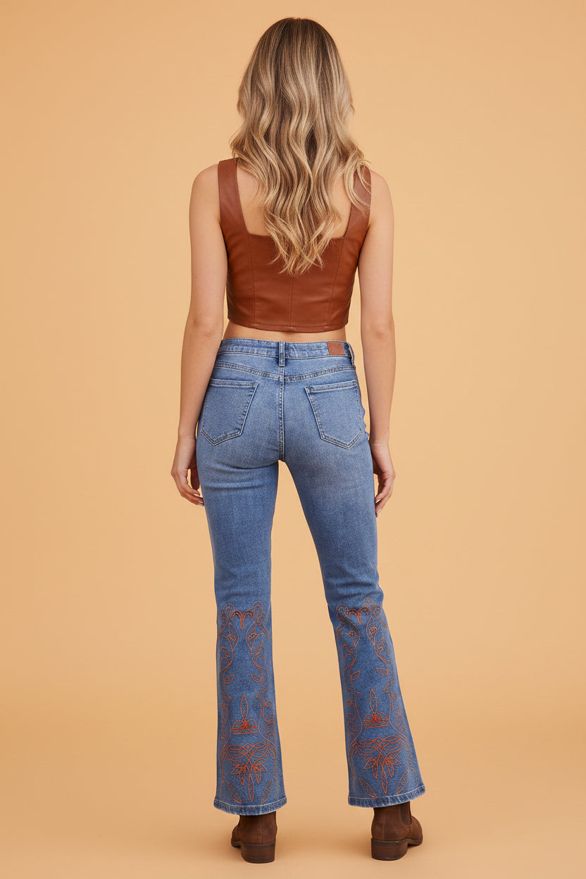 Denim Embroidered Flare Leg Jeans w/ Pockets