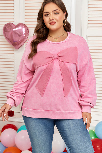 Plus Size Waffle Bowknot Patchwork Mineral Wash Sweatshirt