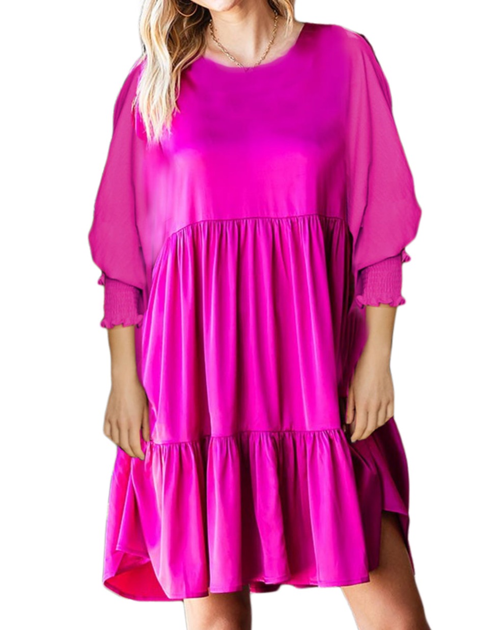 Satin Smocked 3/4 Sleeve Tiered Dress