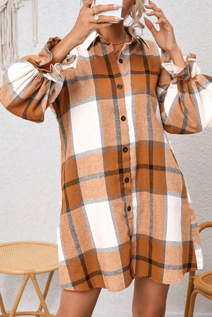 Plaid Collared Neck Ruffle Sleeve Shirt Dress