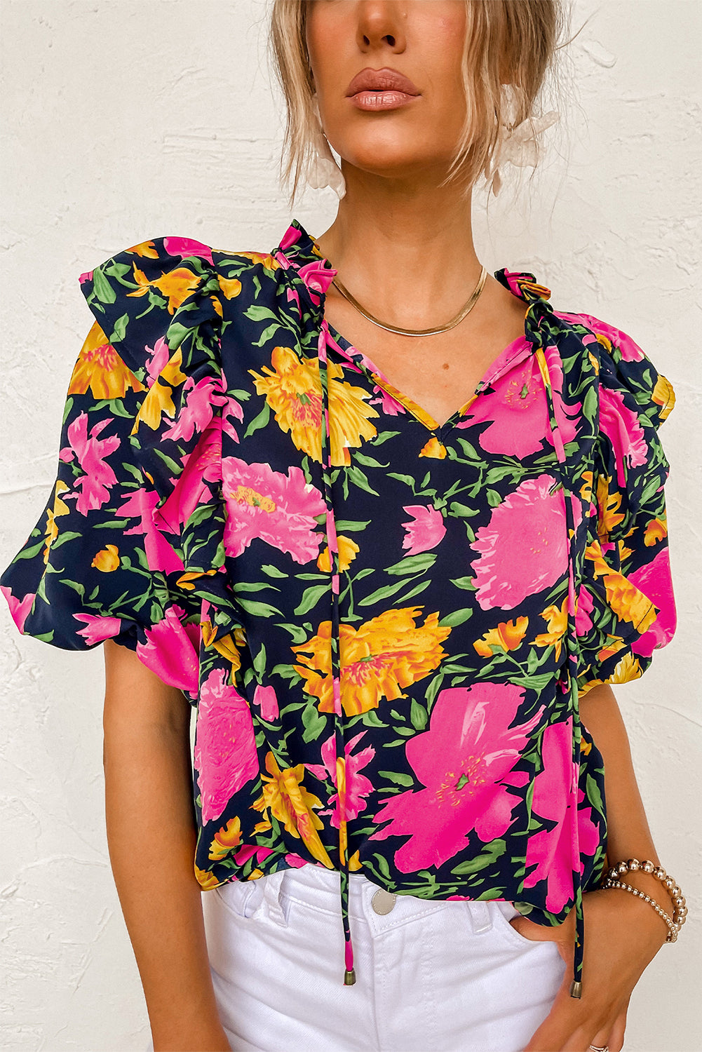 Floral Bubble Sleeve Ruffle Blouse