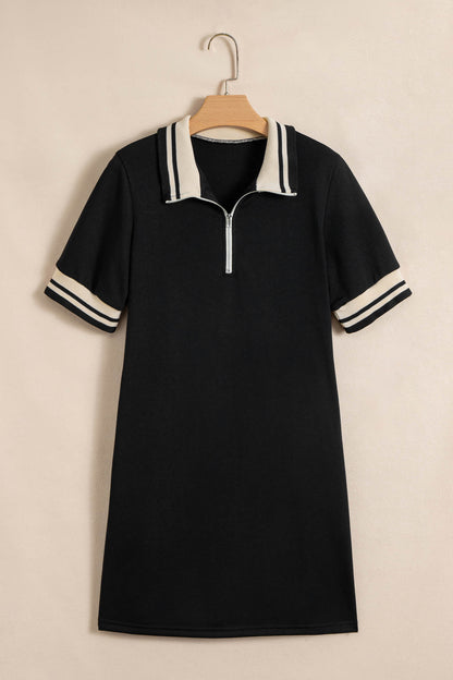 Stripe Trim Zipped Polo Collar Tee Dress