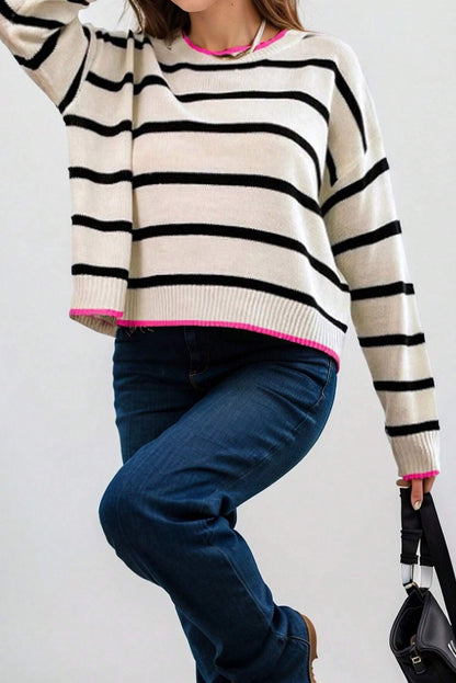 Stripe Contrast Trim Crewneck Sweater