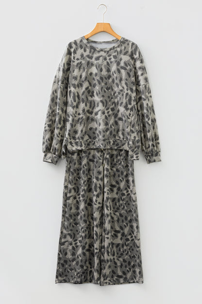 Leopard Raw Seam Sweatshirt & Wide Leg Pants Set