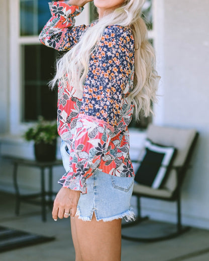 Floral Ruffle Balloon Sleeve Blouse