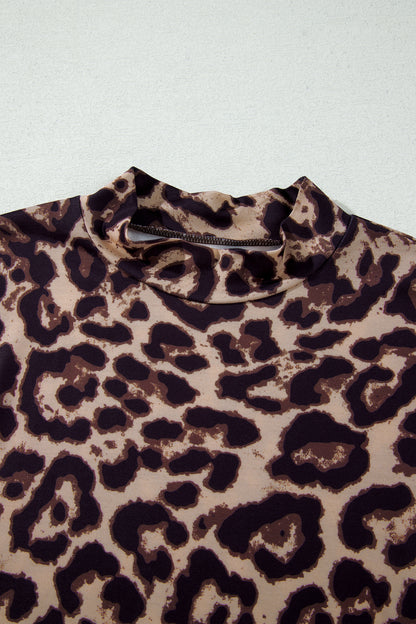 Western Leopard High Neck Long Sleeve Slim Top