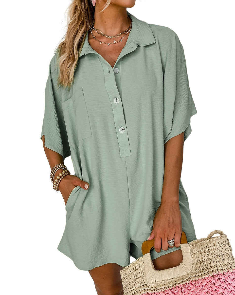 Half Button Collared Loose Romper