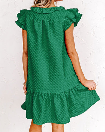 Checker Ruffle Flutter Sleeve Dress