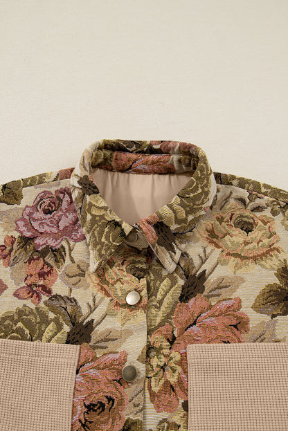 Floral Waffle Knit Patchwork Chest Pocket Buttoned Jacket