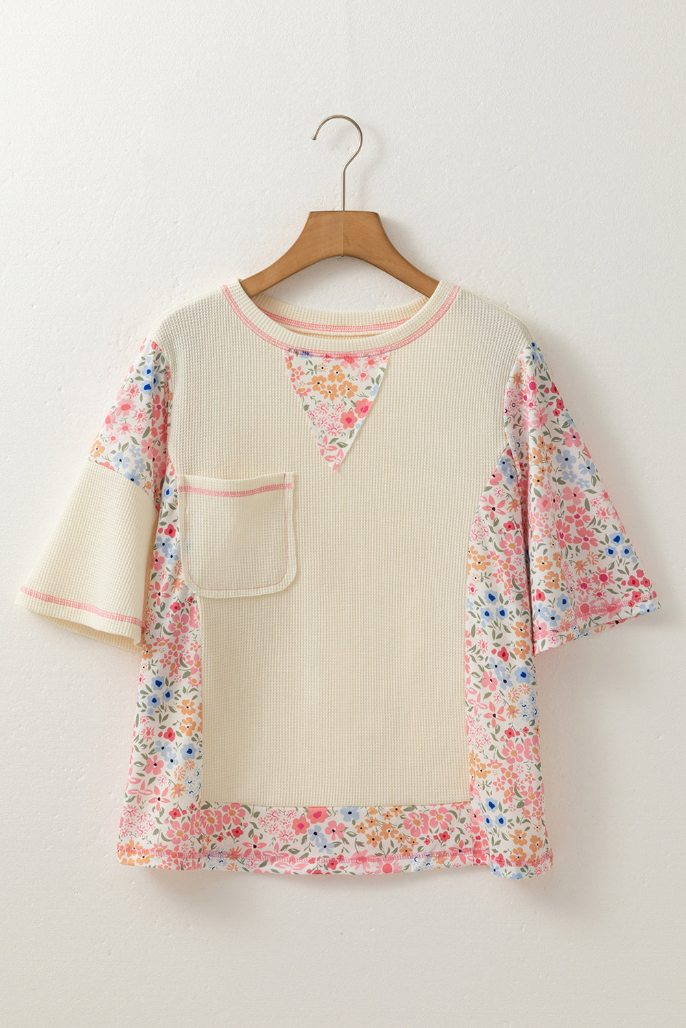 Floral Patchwork Chest Pocket Wide Sleeve T-Shirt
