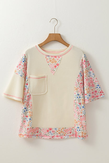 Floral Patchwork Chest Pocket Wide Sleeve T-Shirt