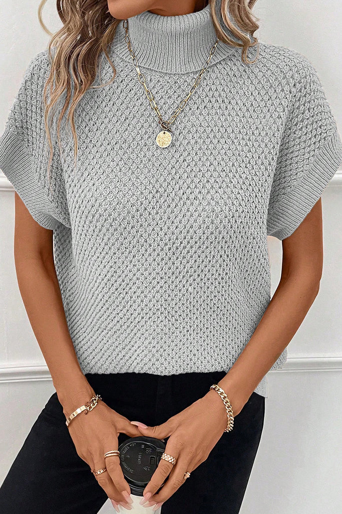 Turtleneck Textured Short Sleeve Sweater