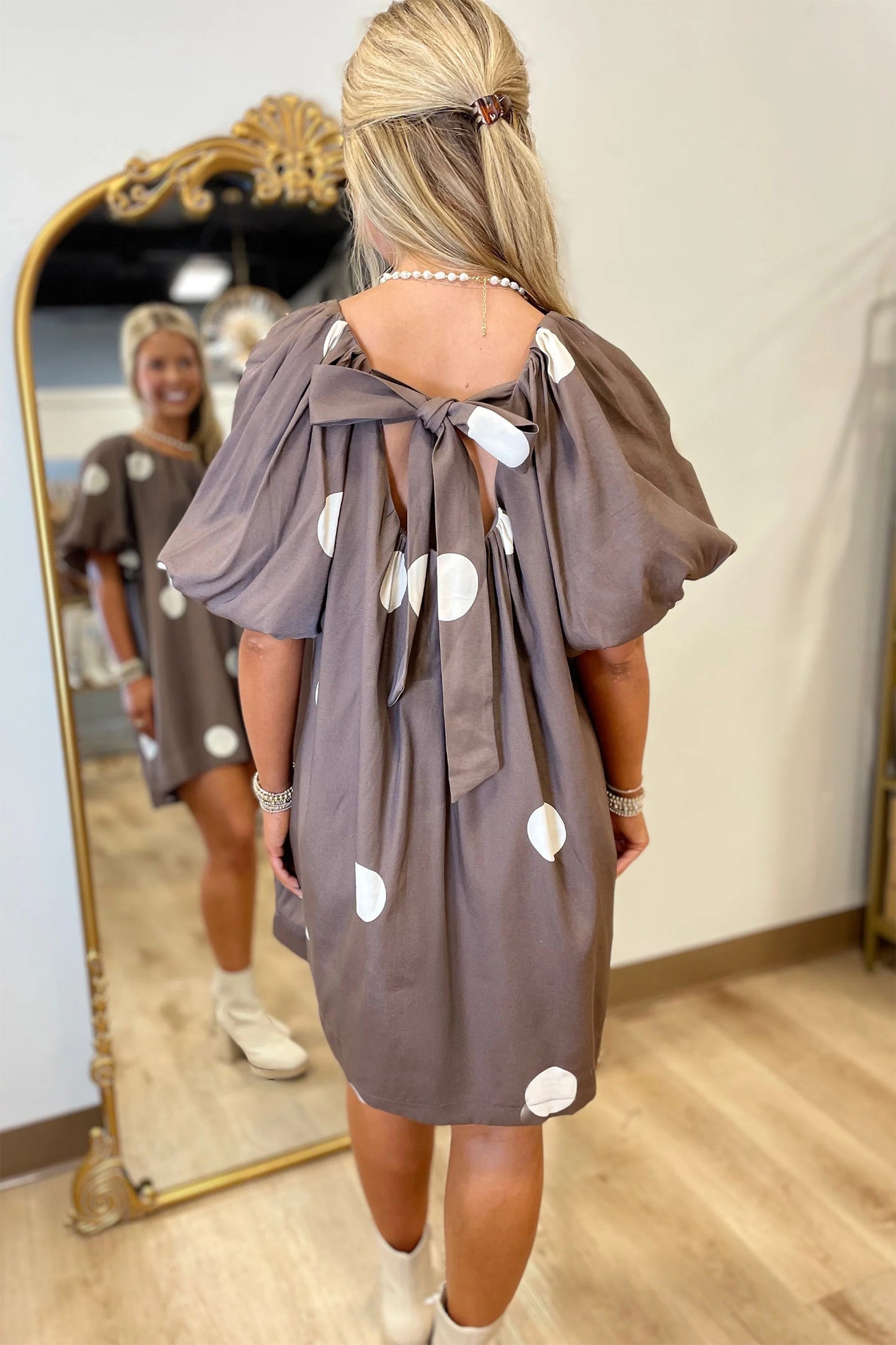 Polka Dot Bow Tie Back Puff Sleeve Mini Dress