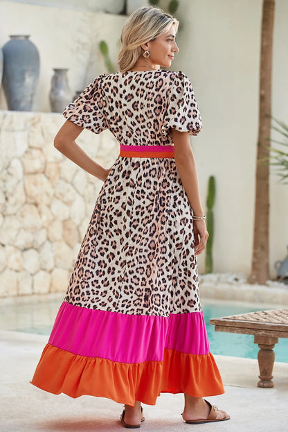 Leopard Colorblock Bubble Sleeve Maxi Dress