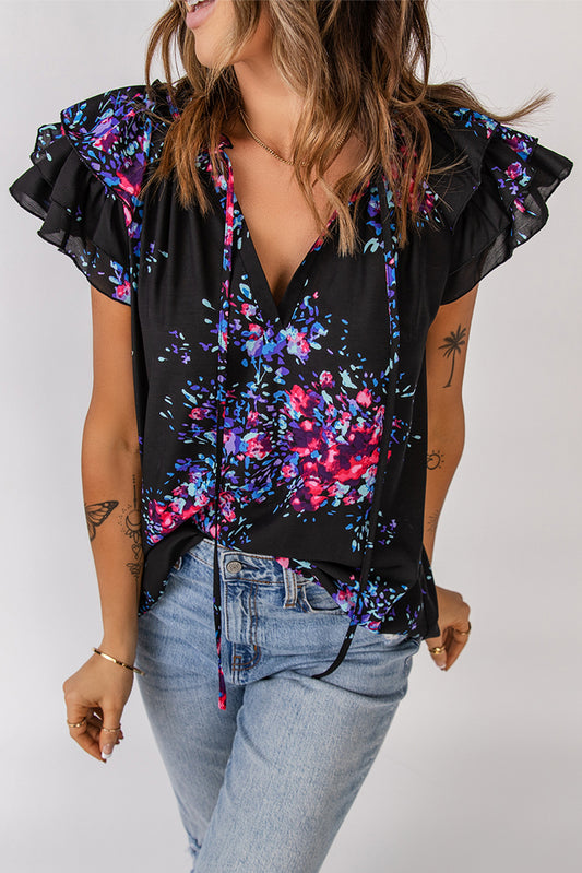 Abstract Flutter Sleeve V-Neck Blouse