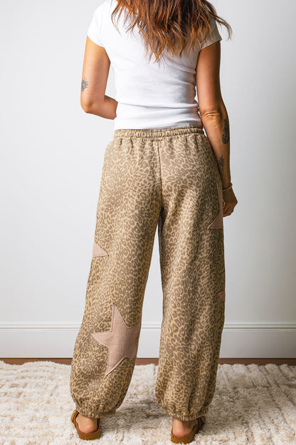 Leopard Star Patch Drawstring Jogger Pants