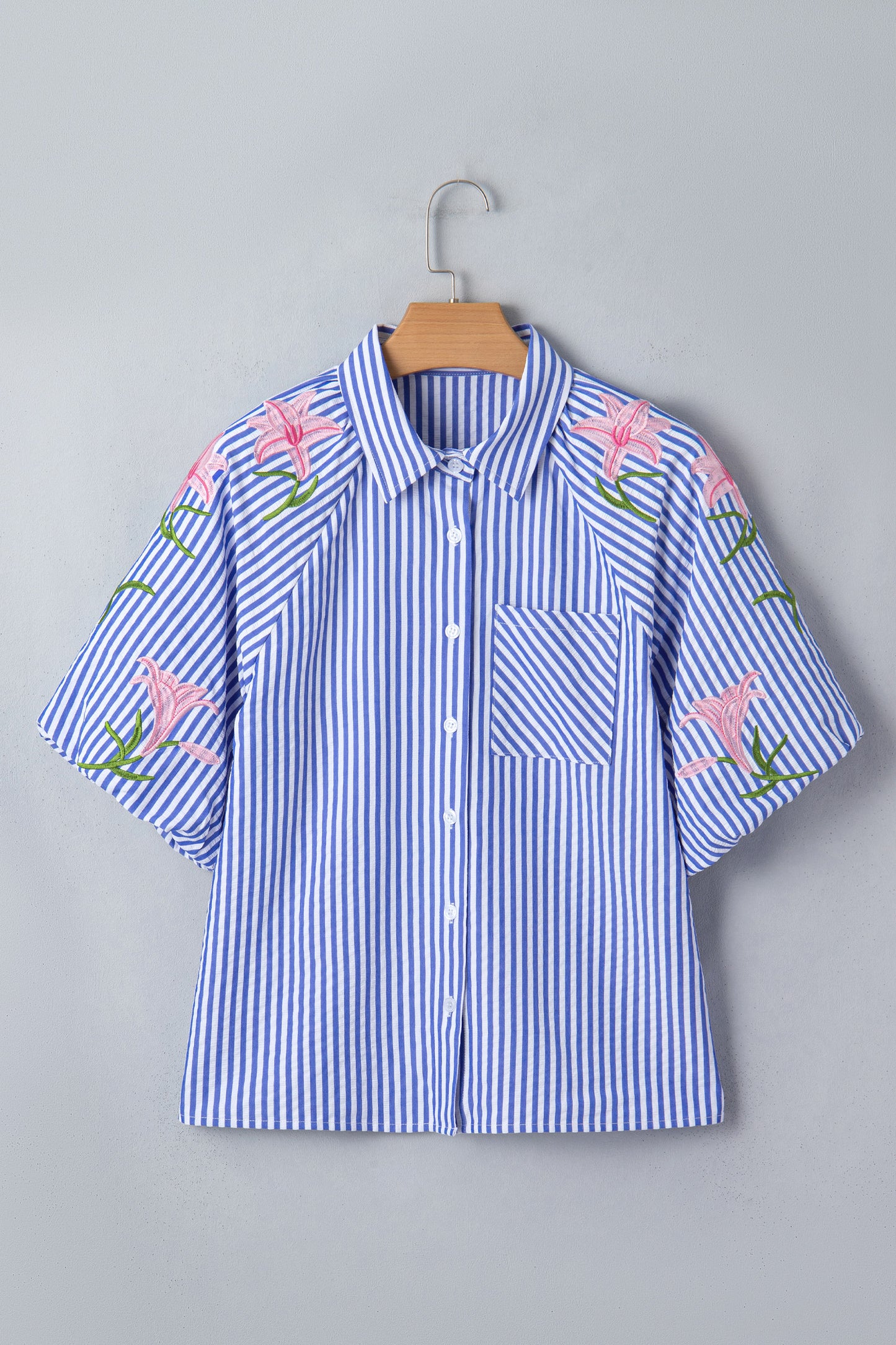 Stripe Floral Lily Embroidered Puff Sleeve Shirt