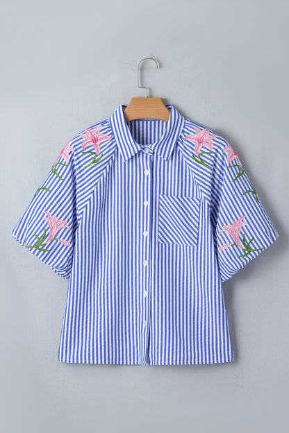 Stripe Floral Lily Embroidered Puff Sleeve Shirt