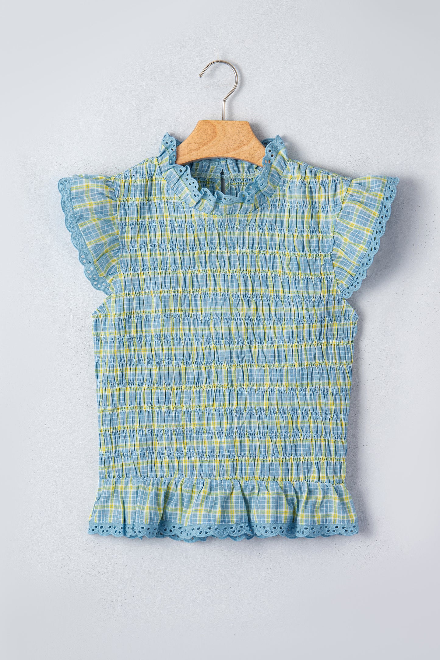 Gingham Smocked Lace Trim Tank Top